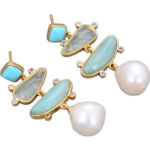 GG Jewelry Freshwater White Pearl Blue Turquoise Green Amazonite Dangle Stud Earrings