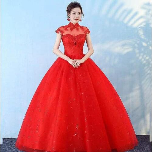 Red High Neck Wedding Dress Empire Crystal Embroidery Floor-Length Vintage Short Sleeves Plus Size Wedding Gowns For Women G317