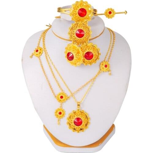 Red Stone Gold Ethiopian collares Dubai jewelry set for Women Habesha Earring Ring Pendant Hairpin Headchain Africa wedding Gift
