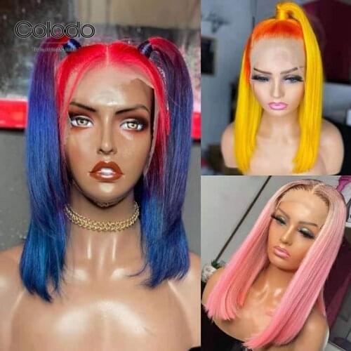 COLODO Red Ombre Wig Brazilian Blue Short Lace Human Hair Wigs Remy Orange Yellow Short Bob Lace Front Wig for Women