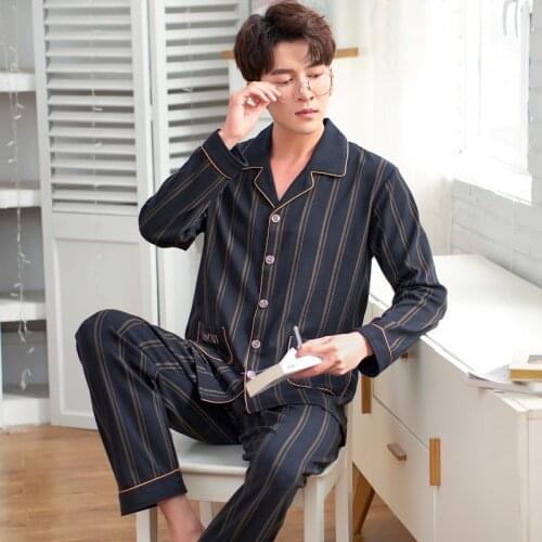 Mens Spring Autumn Plus Size 100% Cotton Leisure Comfort Home Life Pajamas Suits 2PCs Simple And Elegant Fashion Homewear Sets