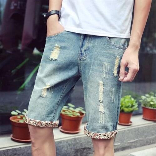 Mens Summer Hole Denim Shorts Mens New Fashion Casual Straight Slim Blue Short Jeans Cotton Vintage Ripper Solid Denim Shorts