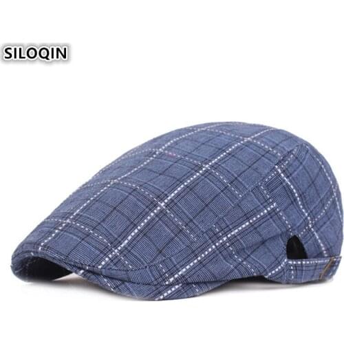 SILOQIN Snapback Cap Mens Vintage Cotton Beret Hat Adjustable Size Grid Fashion Tongue Caps For Men NEW Young Artists Retro Hat