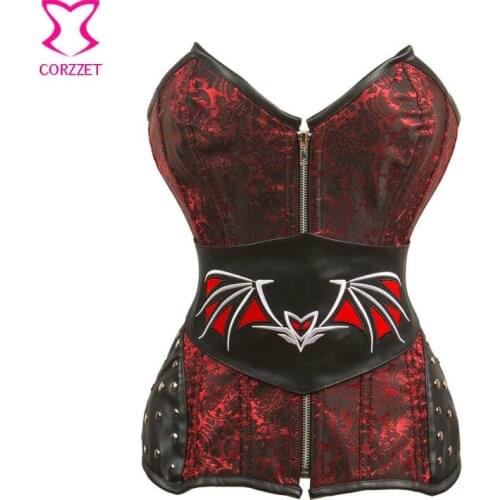 Steampunk Red Rivet Front Zipper Leather Bat Waist Belt Overbust Sexy Corset Top Gothic Burlesque Corsetto Bustier Korsett Women