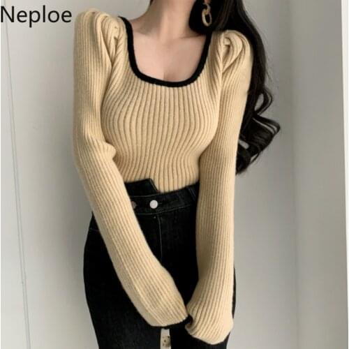 Neploe Vintage Contrast Color Square Collar Knitted Sweater Korean Puff Long Sleeve Short Knitwear 2021 Autumn Women Tops 4D955