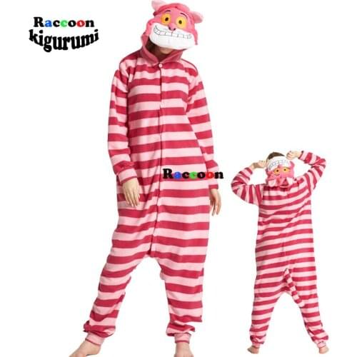 Funny Cheshire Cat Kigurumi Men Onesie For Adults Women Pink Stripe Onsie Girl Sleepwear Cartoon Pyjama Anime Pajama Warm Outfit
