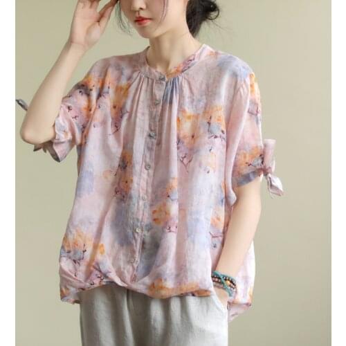 Women Summer Printed Loose Shirts Tops Ladies Vintage Print Blouse Female 2020 Thin Plus Size Shirt