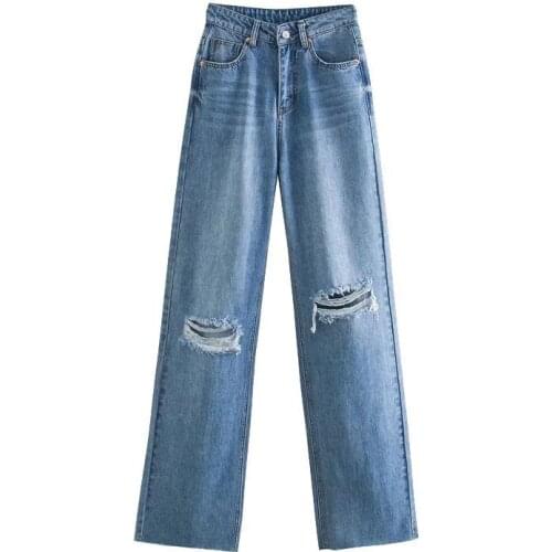 Women 2021 Chic Fashion Ripped Hole Wide Leg Jeans Vintage High Waist Zipper Fly Female Trousers Mujer