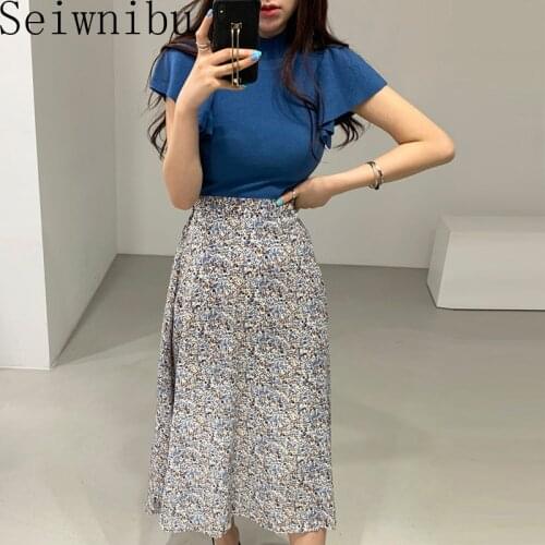 Women Two Piece Top and Skirt Set Summer Elegant Short Sleeve Blouse and High Waist Floral Print midi Skirt Vintage 2 Piece Set