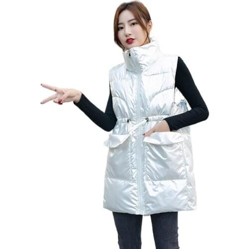 Lingwave Stand Collar Down Cotton Vest Women Autumn Winter Glossy Mid-Length Waist Drawstring Loose Pocket Waistcoat Female Coat