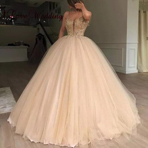 New Fashion Sexy V Neck Delicate Gold Beaded Custom made Ball Gown Champagne Floor Length Prom Dresses