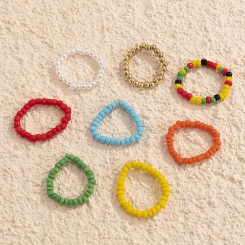 8 Pcs Creative Handmade Beaded Finger Ring Set For Women Fashion Bohemian Korea Sweet Knuckle Jewelry Accessories 2021