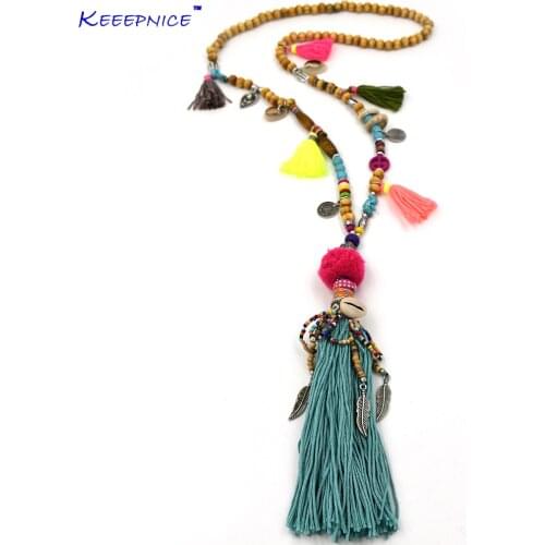New Bohemian beaded chain long fringe tassel pendant Necklace Pompous pompoms Buddha Pendants Necklace for women