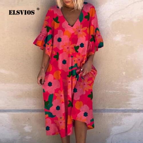 Women Vintage Butterfly Half Sleeve Summer Dress Elegant V Neck Loose Beach Dress Female Floral Print Casual Party Dress Vestido