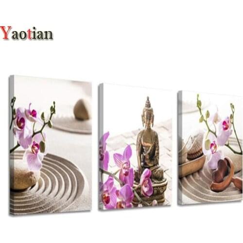 3 pcs Diamond Embroidery Buddha and Orchid pattern Handmade Diy Diamond Painting Triptych Cross Stitch 5D Square Round stones