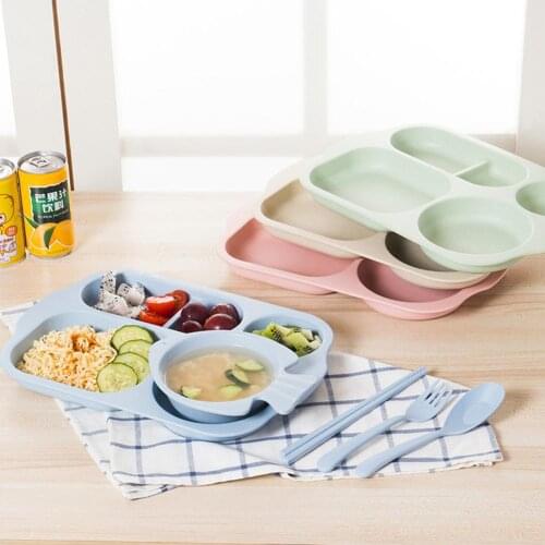 5Pcs/Set Baby Plate Wheat Straw Bowl Tray Children Kids Fruits Feeding Pratos Spoon Fork Chopsticks Baby Feeding Utensil