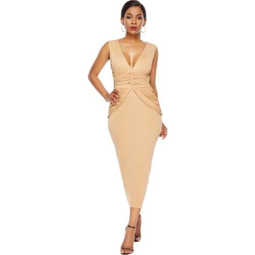 AHVIT Solid Color Draped Sexy Skinny Women Dress Sleeveless Deep V Neck Elegant Fashion Party Maxi Dress L-YD5225