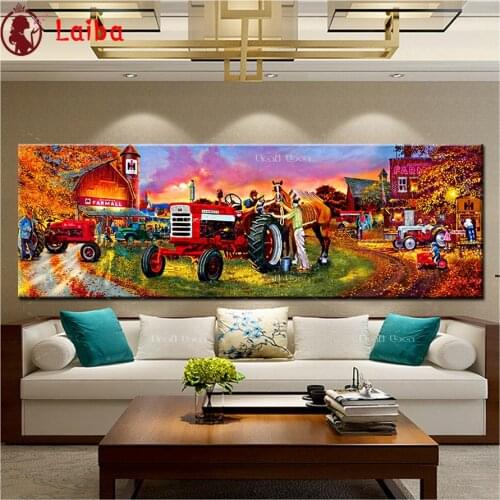 Large size 5d Diy Diamond Painting Farm Tractor scenery Full Square round Drill Cross Stitch Diamond Embroidery cross stitch art