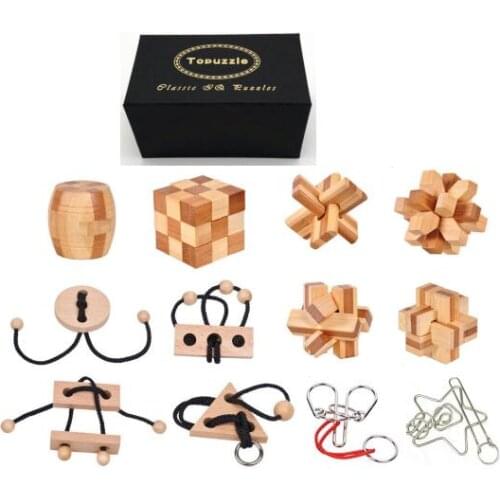 12PCS/Set Bamboo Wooden Puzzle Loop Rope Metal Brain Teaser Puzzles Game Toys for Adults Children Gift Box