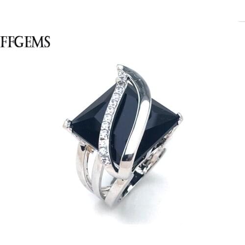 FFGems Big Stone Black Agate Rings Fine Jewelry For Women Lady Wedding Party Gift With Box