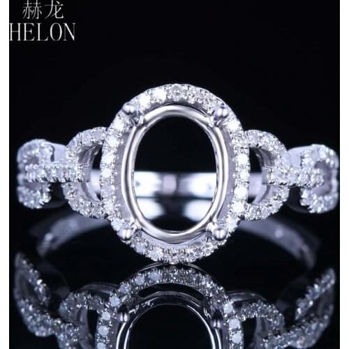 HELON 9x7mm Oval Real 14K White Gold 0.3ct Genuine Natural Diamond Semi Mount Engagement Ring Setting Women Wedding Fine Jewelry