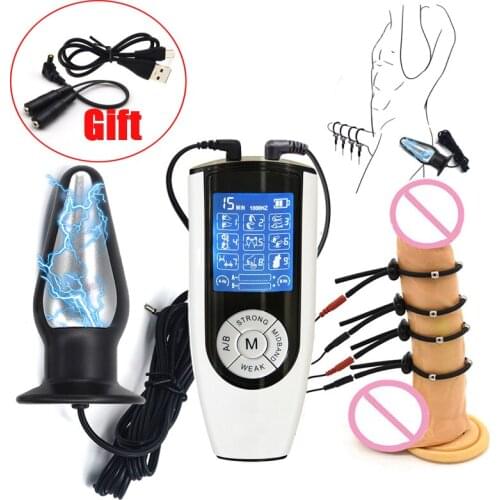 Strongest SM Electric Shock Pulse Big Anal Plug Prostate Massage E Stimulation Bead Therapy Penis Ring Men Masturbator Sex Tools