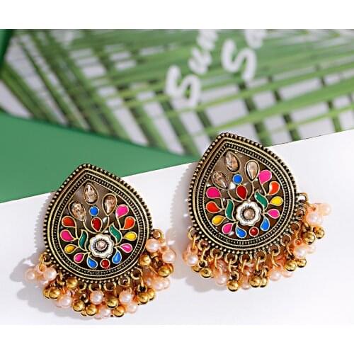 Classic Womens Golden Color Earrings Water Drop Tassel Turkey Bijoux Vintage Bohemia Pearl Beaded Earrings Indian Jewelry