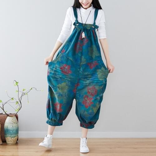 Knitted cowboy Bib Overalls Women wide Leg Jumpsuits Printed Big size Bloomers pants hip hop streetwear baggy Low Crotch Joggers