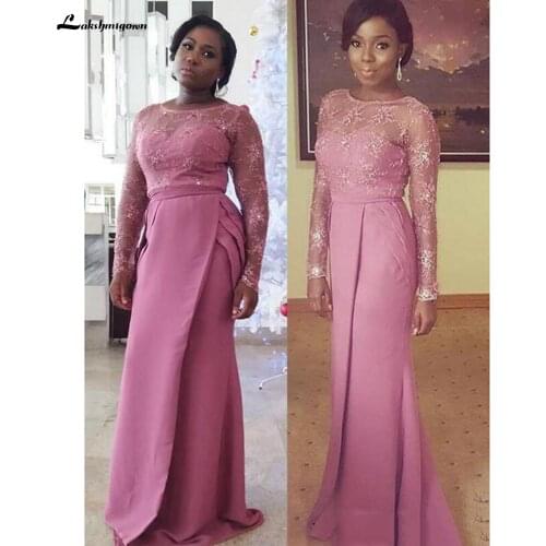 Lace Beaded Arabic Mother of the Bride Dress Long Sleeves Mermaid Satin Maid Of Honor Dress Sexy Fuchsia Evening Gowns