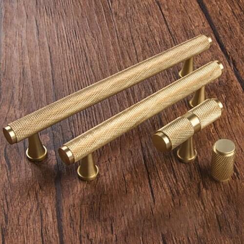 96mm/128mm Gold Knurled Brass Knurled cabinet handles and knobs Solid Brass Kitchen Drawer Pulls Bedroom T Bar Cabinet Hardware