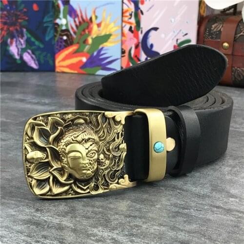 Buddha Brass Belt Buckle Leather Belt Men Ceinture Jeans Cowboy Man Belt Leather Genuine Riem Belt Male Cinturon Waist MBT0073