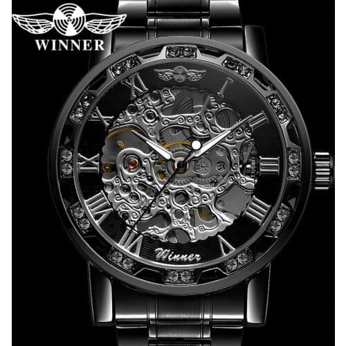 WINNER Mechanical Men Wristwatch Military Sport Male Clock Top Brand Luxury Black Skeleton Stainless Steel Man Watch Gift 8012