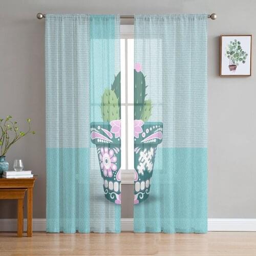 Mexican Plant Cactus Flower Pot Tulle Curtains for Living Room Decoration Modern Chiffon Sheer Voile Kitchen Curtain