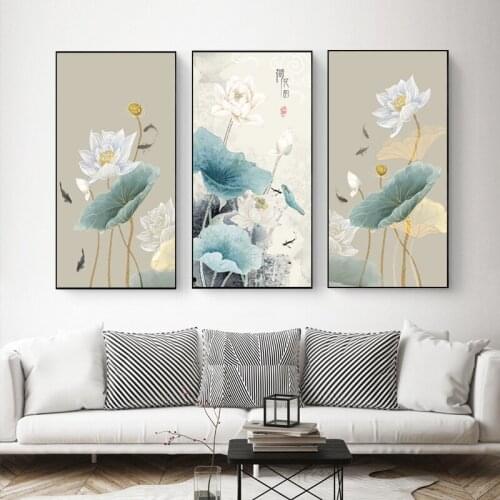 New Chinese Style Blue Ink Lotus Animal Flying Bird Canvas Paintings Art Wall Poster Landscape Flower Decor Pictures Living Room