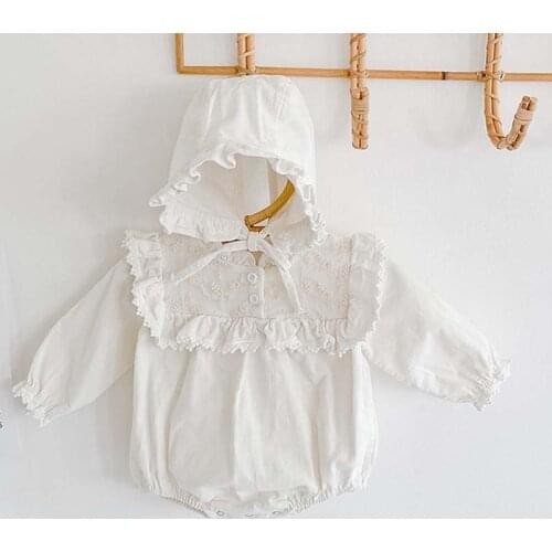 Embroidery Collar Baby Girl Clothes Long Sleeve Girls White Jumpsuit With Hat Newborn Toddler Baby Girls Princess Bodysuit