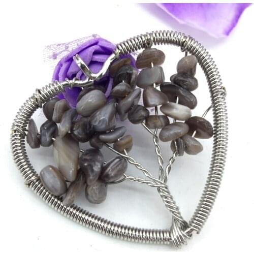 Wholesale price fashion brown shell irregular gravel heart pendant 50mm charms tree of life silver-color women jewelry B3064