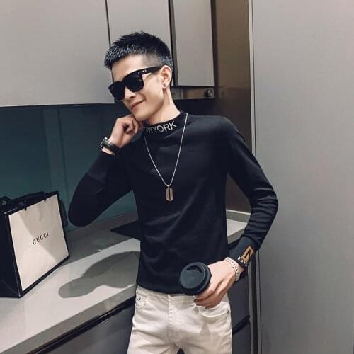 Fall/Winter Mens Tide Brand Backing Shirt Half High Neck Long Sleeve Embroidered T-Shirt Slim Dress Top