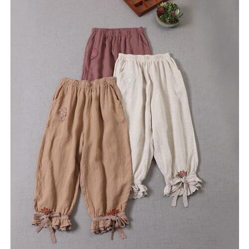 Mori series Japan style elastic waist casual ankle-length pants embroidery linen pants