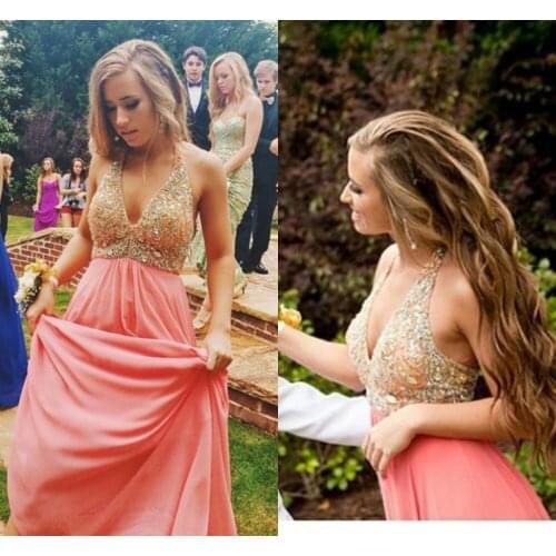 Blush Pink deep V-neck vestido de festa 2018 Backless Beaded Sheer Illusion Chiffon prom party gown 2018 bridesmaid dresses