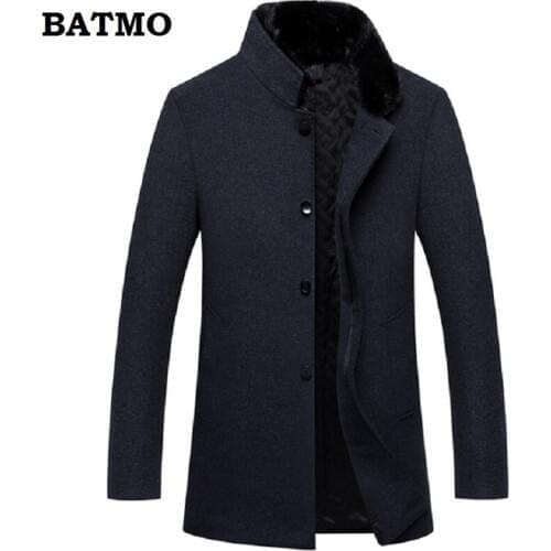 BATMO 2018 new arrival high quality 60% wool natural mink fur collar thicked trench coat men,winter warm wool parkas