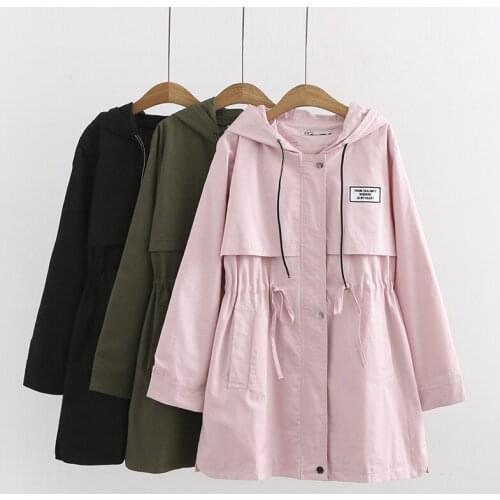 Plus size 6XL Women Trench Coat 2020 Spring Autumn Fashion Basic Slim Waist Zipper Pocket Long Hooded Solid Windbreaker Coat