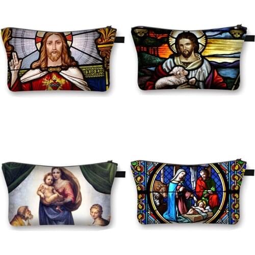 Vintage Religion Jesus Virgin Mary Painting Cosmetic Case Women Makeup Travel Bag Ladies Cosmetic Bags Female Make Up Case