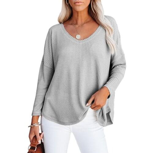 Female 2021 Autumn New V-Neck Long Sleeve Popular Casual Loose Waffle T-Shirt Thin Section Womens Tee Top Outfit