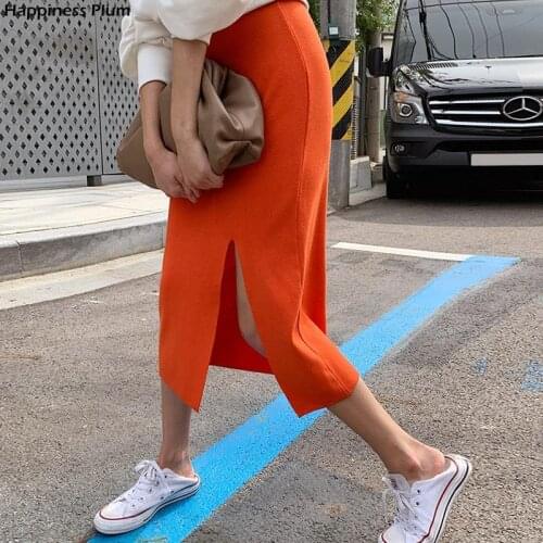 Orange Knitted Skirts Women Elastic Waist Split Pencil Skirt Korean Casual Bodycorn Long Midi Skirt Sweet Vintage Elegant