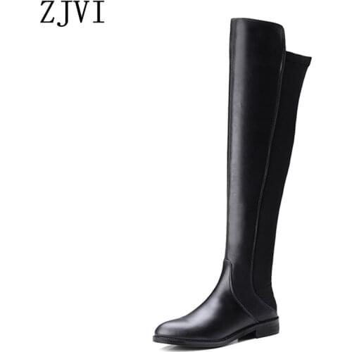 ZJVI Woman Over The Knee Boots 2020 Stretch Genuine Leather Thigh High Black Women Winter Square Heels For Girls Ladies Shoes