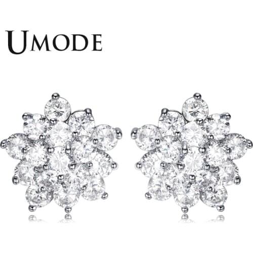 UMODE Trendy Flower CZ Crystal Stud Earrings for Women New Fashion White Gold Color Gift Orecchini Boucle D'Oreille AUE0362