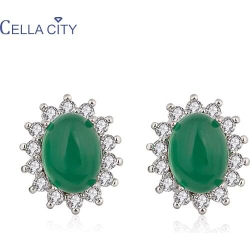 Cellacity Vintage Ethnic style Earrings for Women Silver 925 Jewelry Oval Gemstones Green Agate Flower Female Ear Studs Gifts