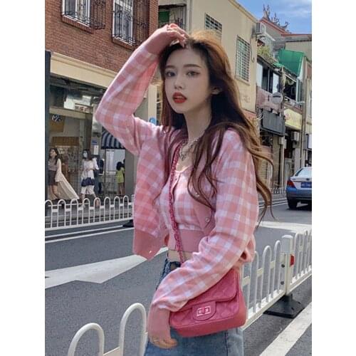 Pink Plaid Knitwear Womens Jacket Spring and Autumn 2021 New Loose Long Sleeve Top Sweater Cardigan Two-piece Set