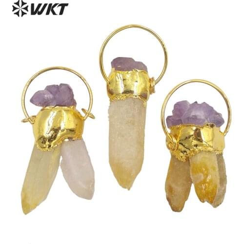 WT-P1693 WKT New design Natural yellow quartz stone with Amethyst mix handmade boho pendant women raw stone cluster pendant