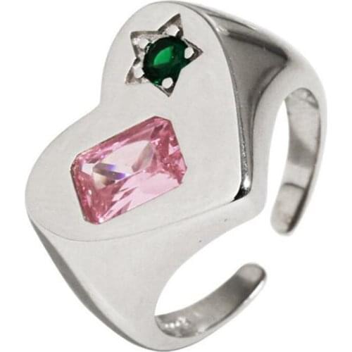 Korean Style Colorful Crystal Heart-Shaped Womens Ring Opening Silver Color Finger Ring Glamorous Female Jewelry Accessories